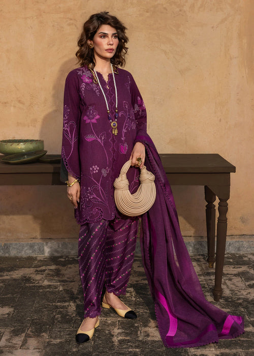 Crimson Aubergine 3 Piece stitched Pakistani suit with tonal embroidery, shown on model.