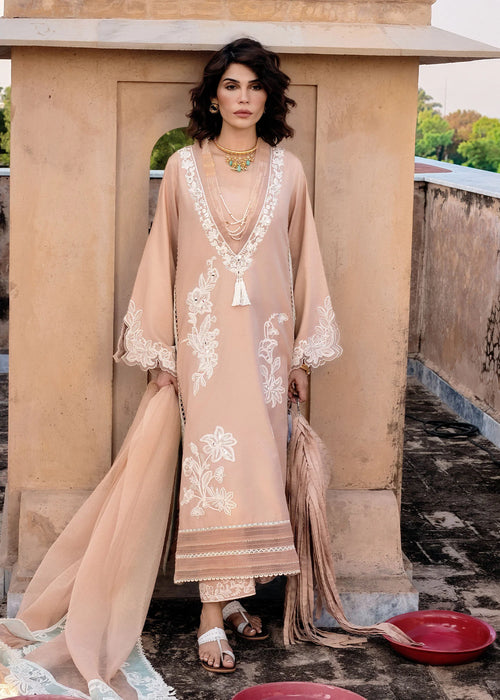 Crimson Beige 3 Piece stitched Pakistani suit with white embroidery and dupatta, shown on model.