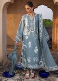 Crimson Grey 3 Piece stitched Pakistani suit with white embroidery, shown on model.