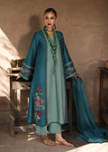 Crimson Turquoise 3 Piece stitched Pakistani suit with floral embroidery and matching dupatta, shown on model.